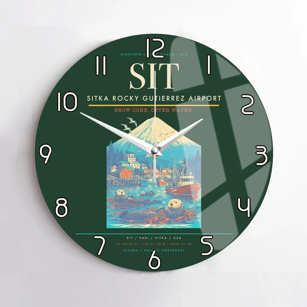 Sitka Rocky Gutierrez Airport (SIT) design on dark green no frame wall clock