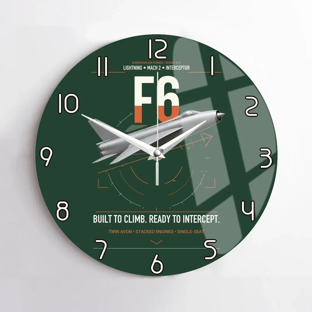 English Electric Lightning F6 design on dark green no frame wall clock