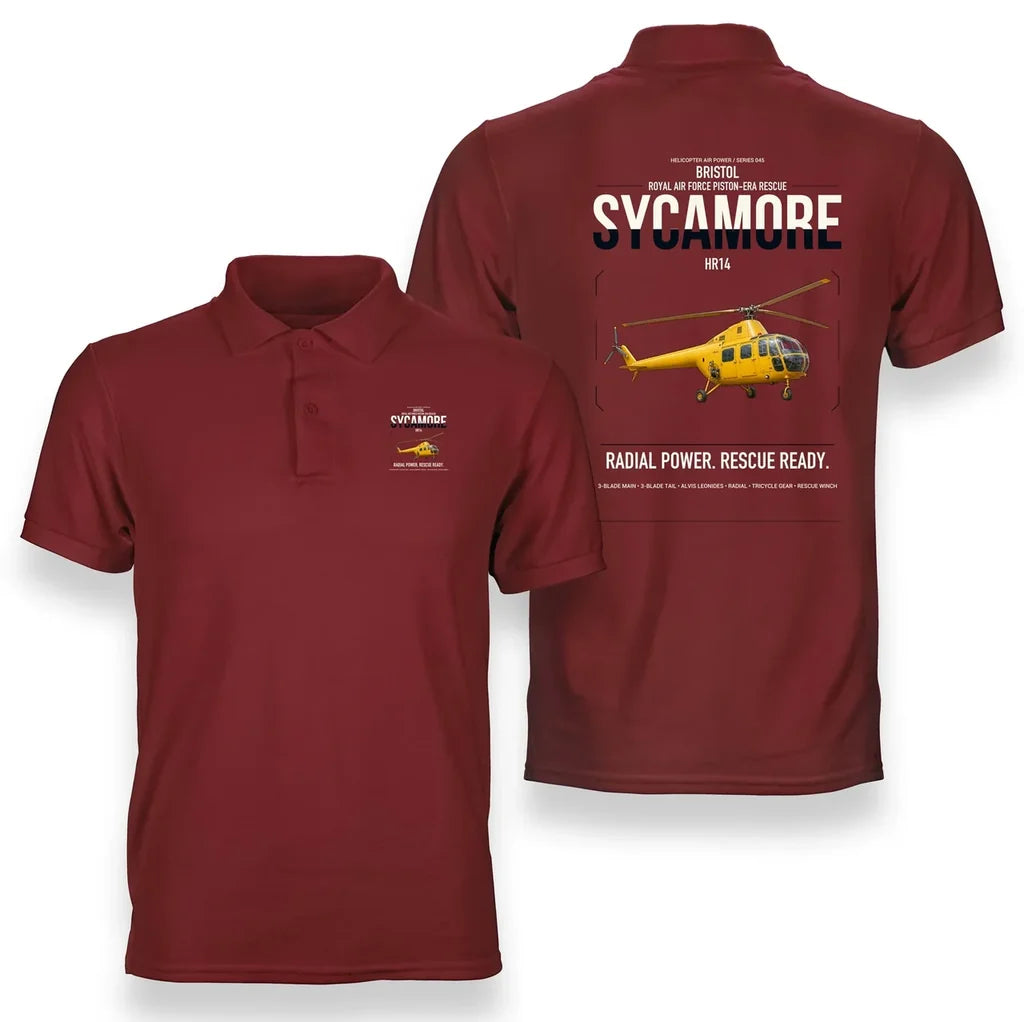 Bristol Sycamore HR14 design on red double-side polo t-shirt, double-side print