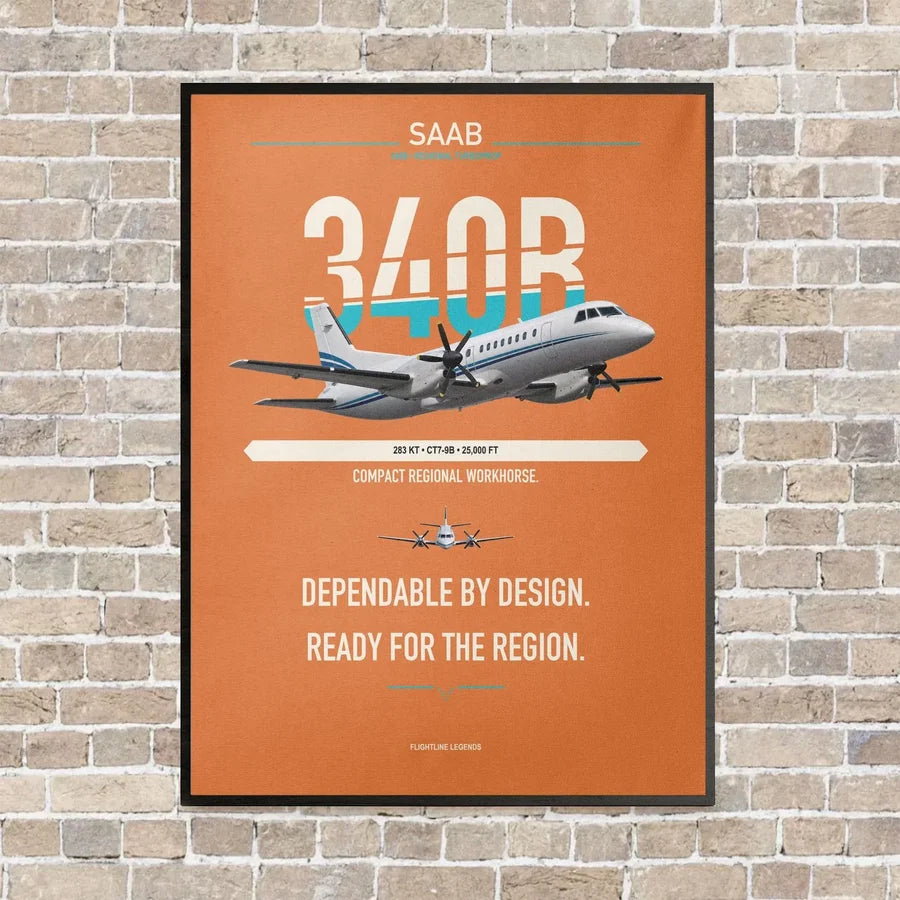 Saab 340B vertical canvas print - framed - orange background