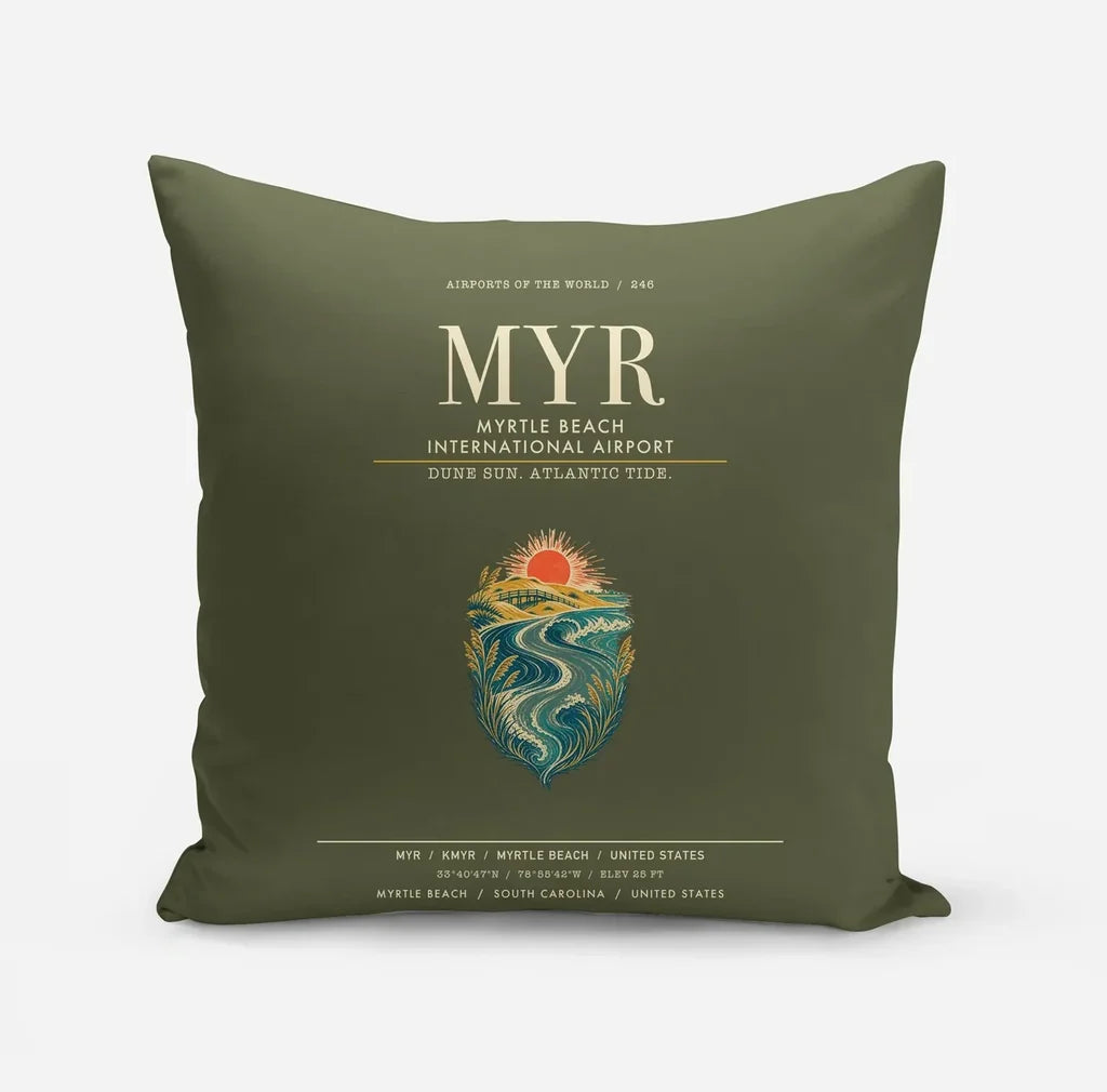 Myrtle Beach International Airport (MYR) design on green army pillow