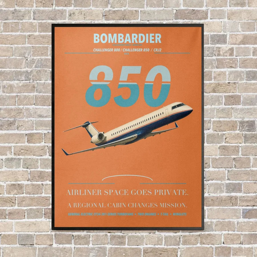 Bombardier Challenger 850 vertical canvas print - framed - orange background