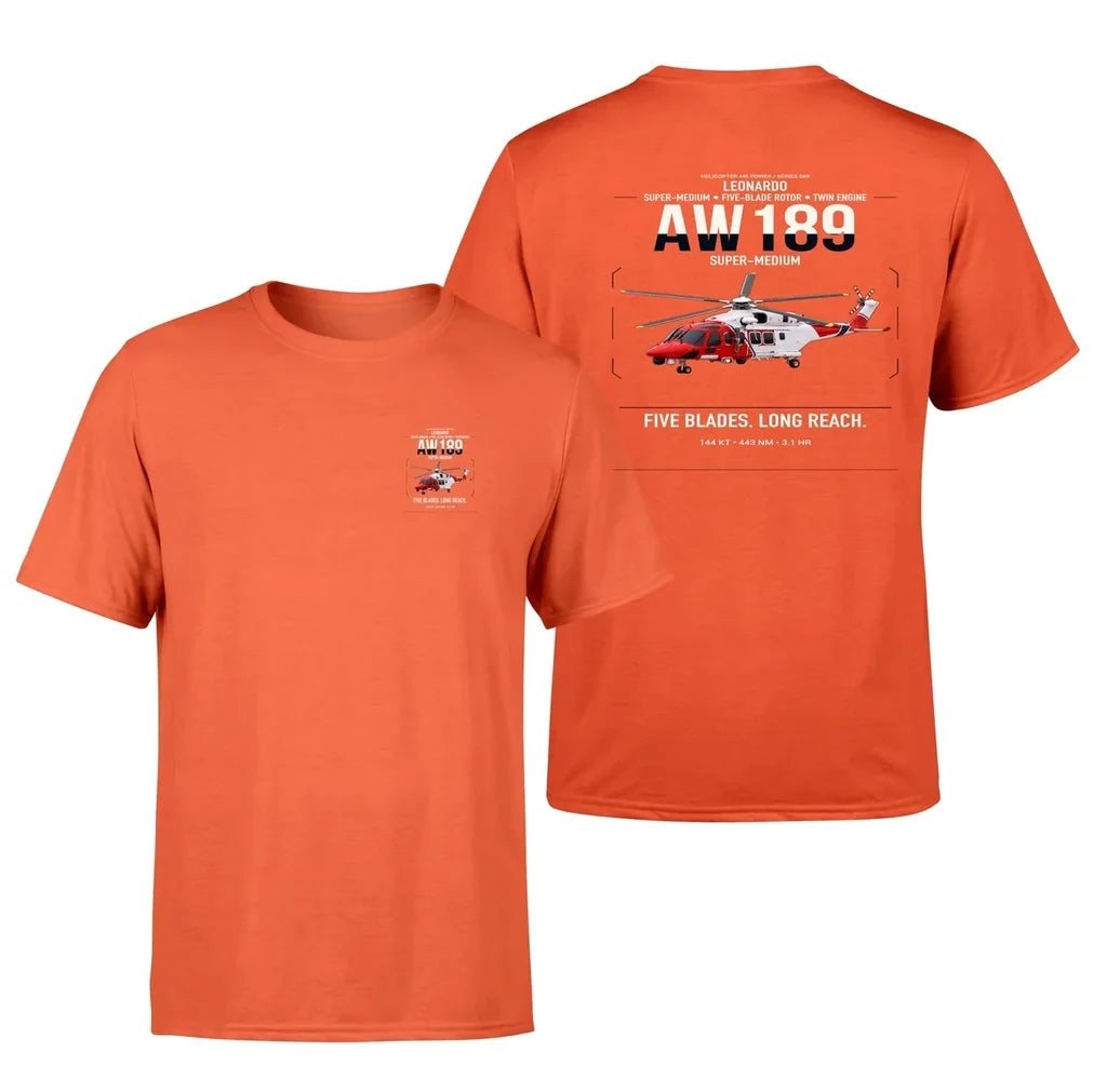 Leonardo AW189 design on orange t-shirt, double-side print