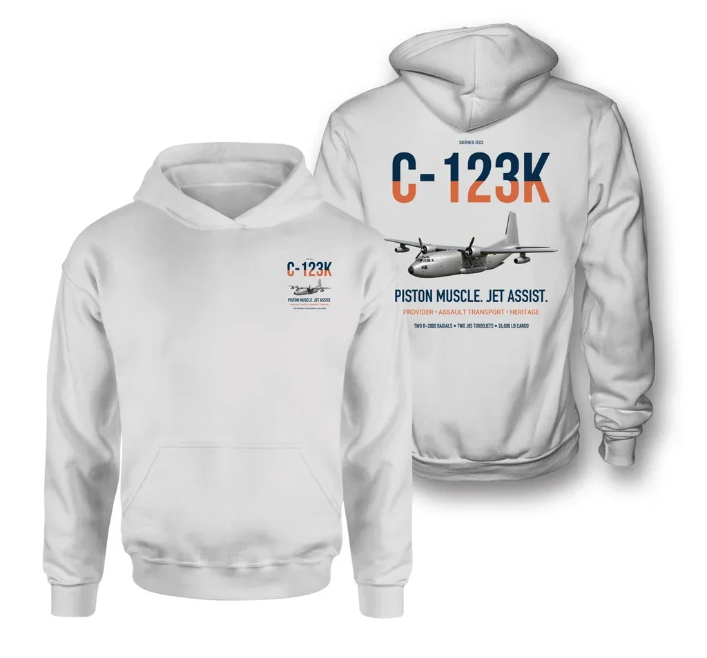C-123K Provider design on white double-side hoodie, double-side print