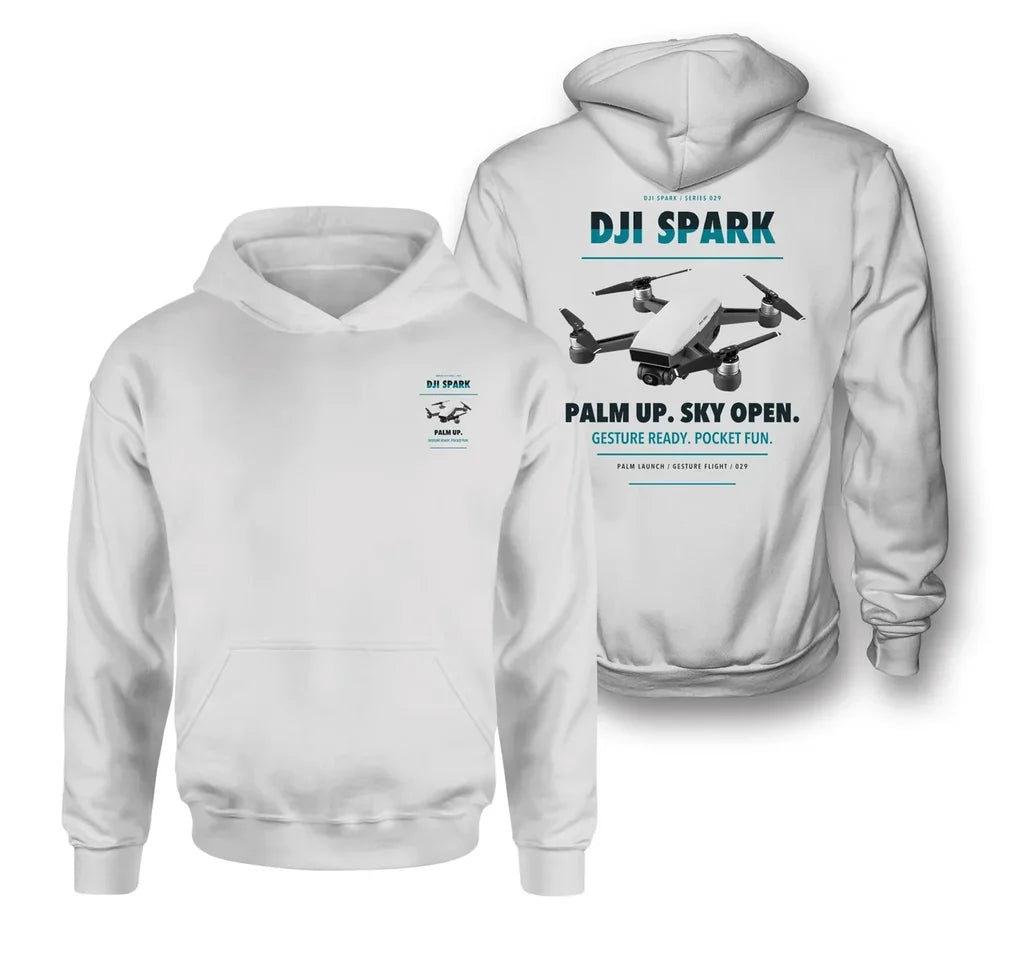 DJI Spark design on white hoodie