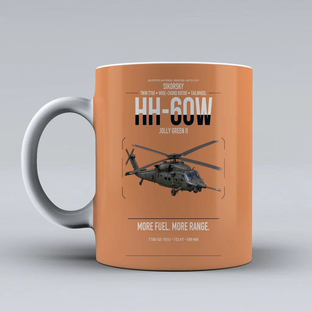 Sikorsky HH-60W Jolly Green II design on orange ceramic mug, double-side print