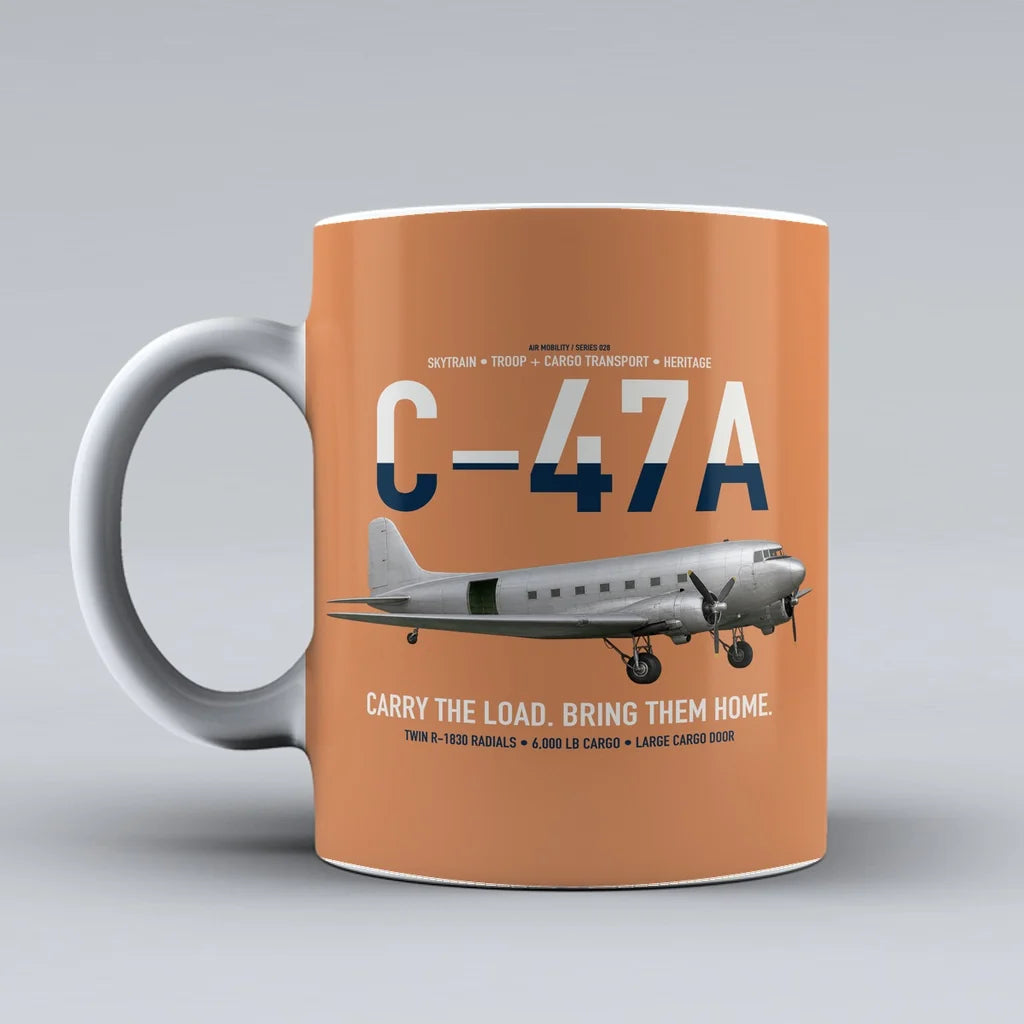 C-47A Skytrain design on orange ceramic mug, double-side print