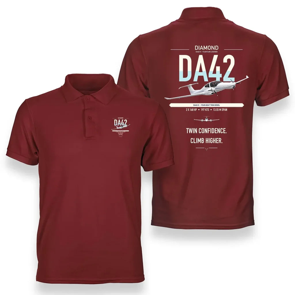 Diamond DA42-VI design on red double-side polo t-shirt, double-side print