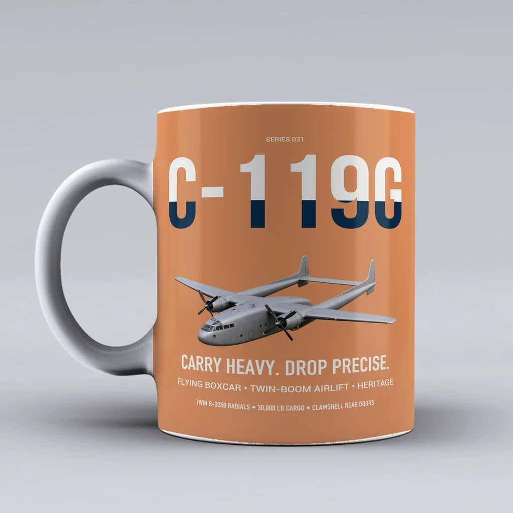 C-119G Flying Boxcar design on orange ceramic mug, double-side print