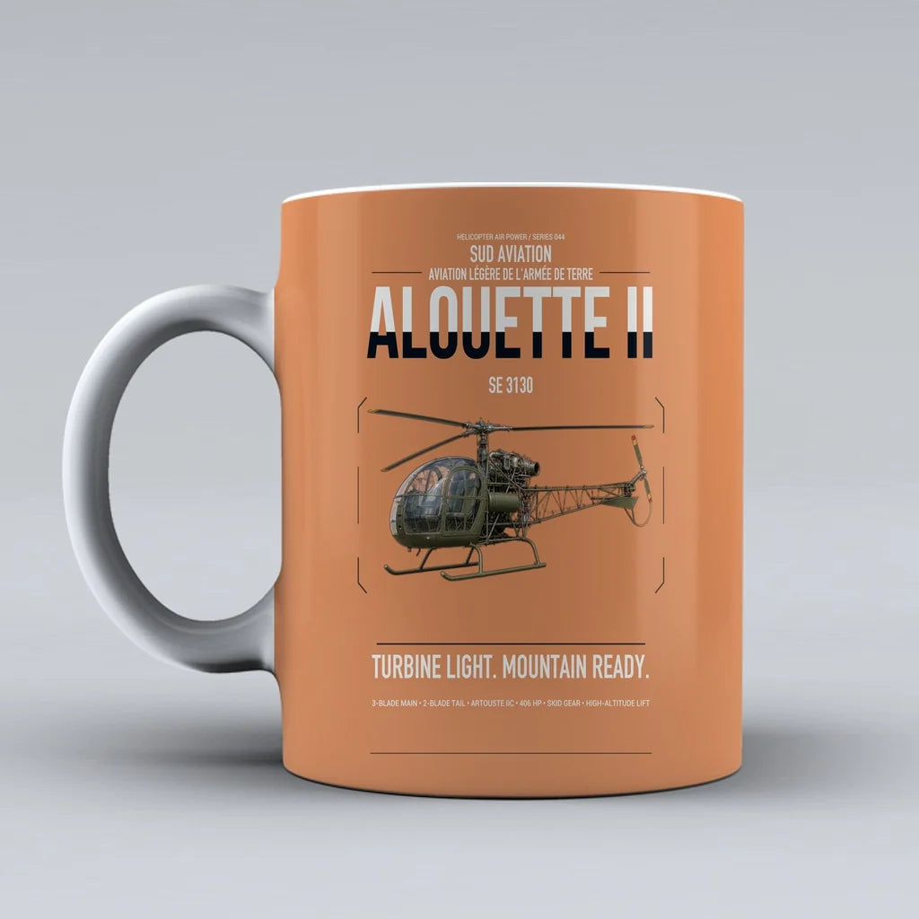 Sud Aviation SE 3130 Alouette II design on orange ceramic mug, double-side print