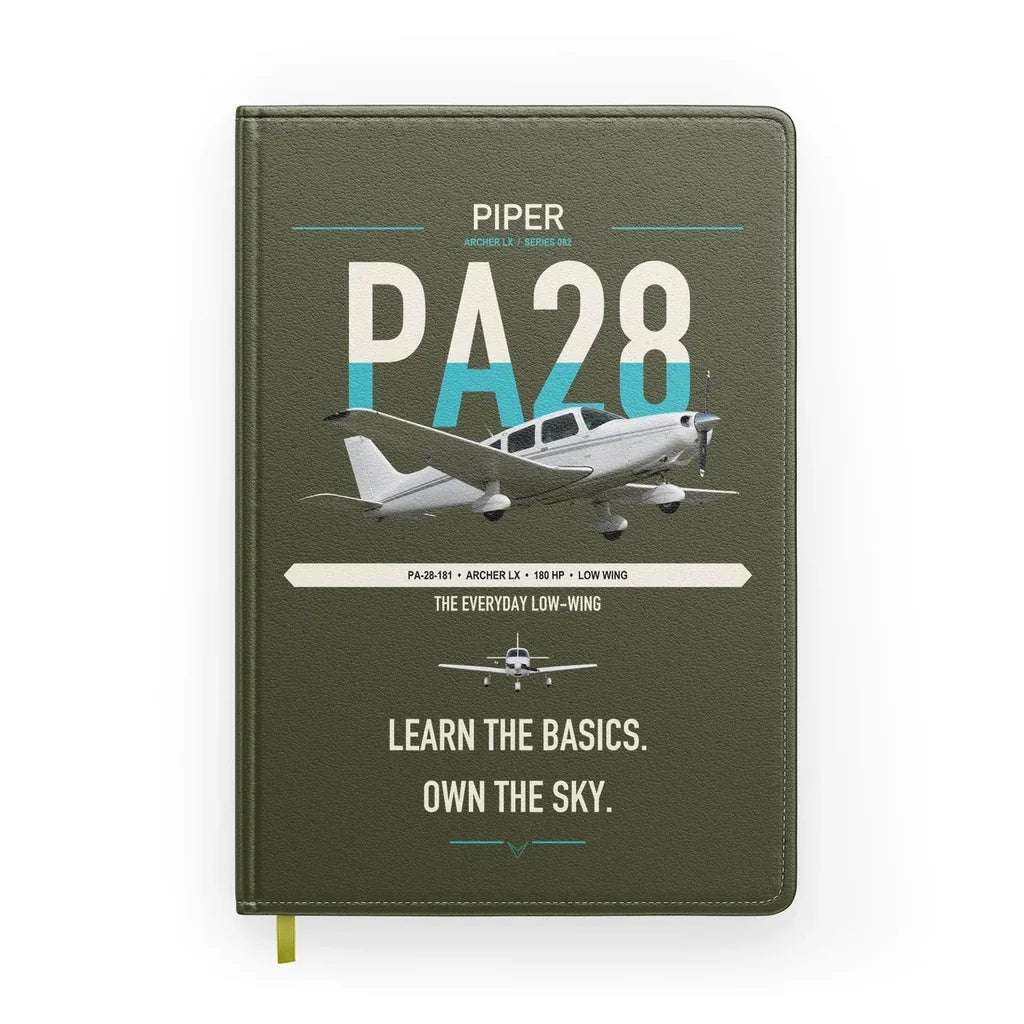 Piper PA-28-181 Archer LX design on green army notebook