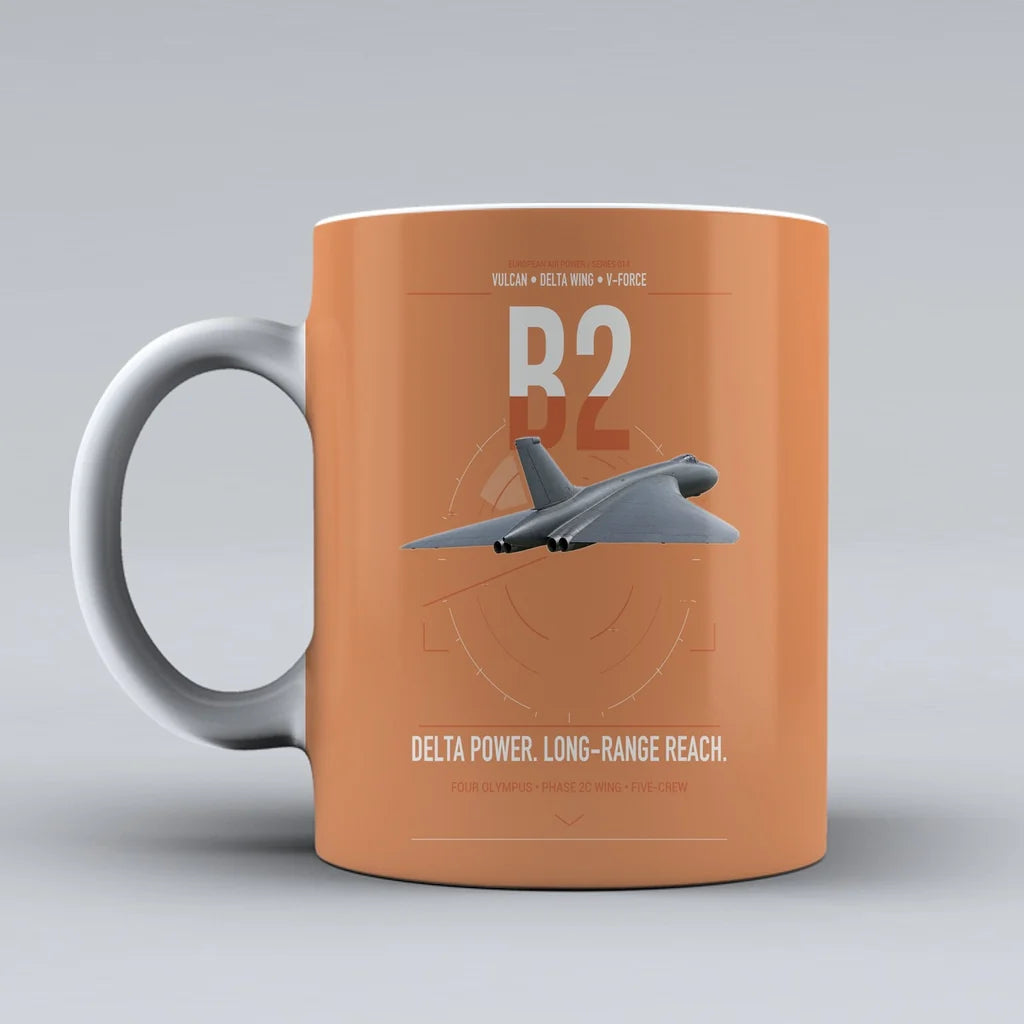 Avro Vulcan B2 design on orange ceramic mug, double-side print