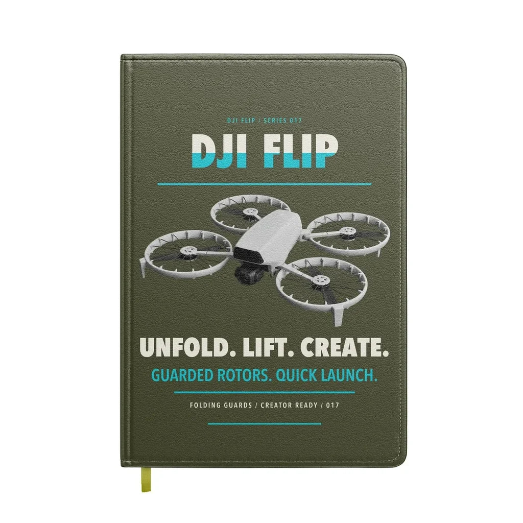 DJI Flip design on green army notebook