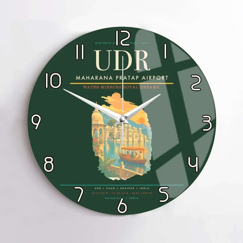 Maharana Pratap Airport (UDR) design on dark green no frame wall clock