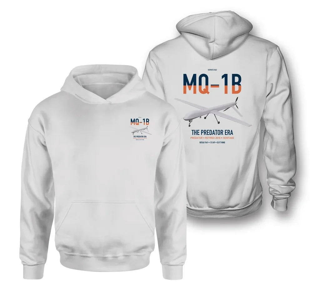 MQ-1B Predator design on white double-side hoodie, double-side print