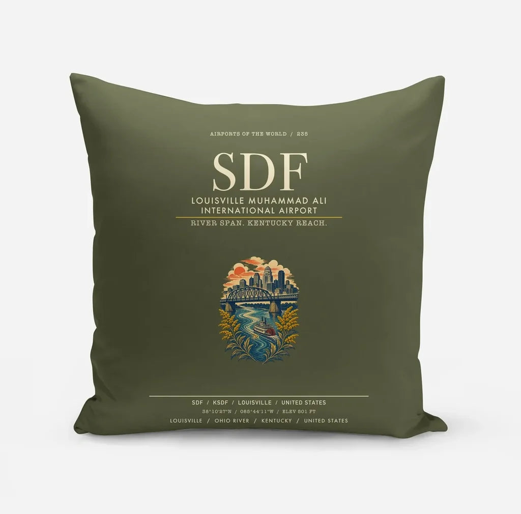 Louisville Muhammad Ali International Airport (SDF) design on green army pillow