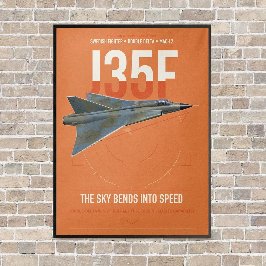 Saab J 35F Draken vertical canvas print - framed - orange background