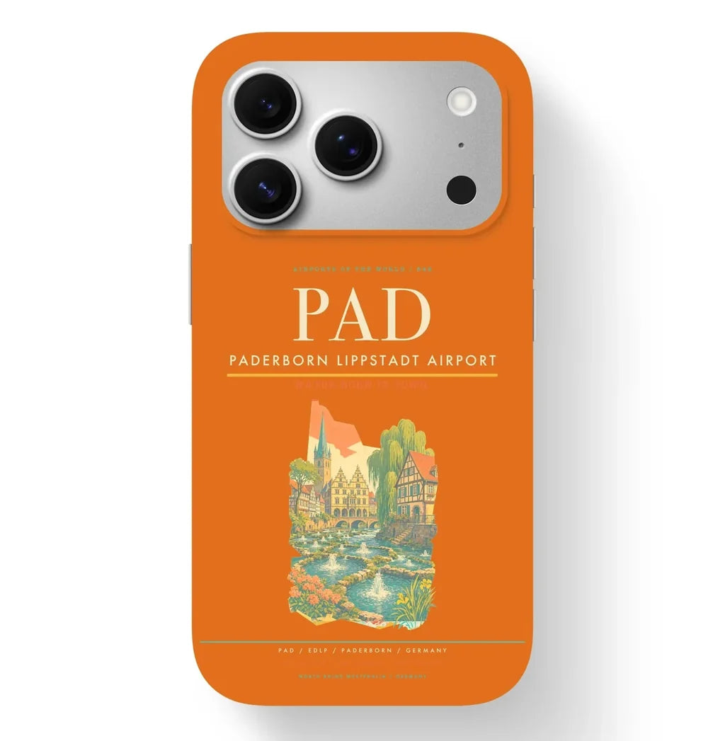 Paderborn Airport (PAD) design on orange iPhone 17 Pro MagSafe case