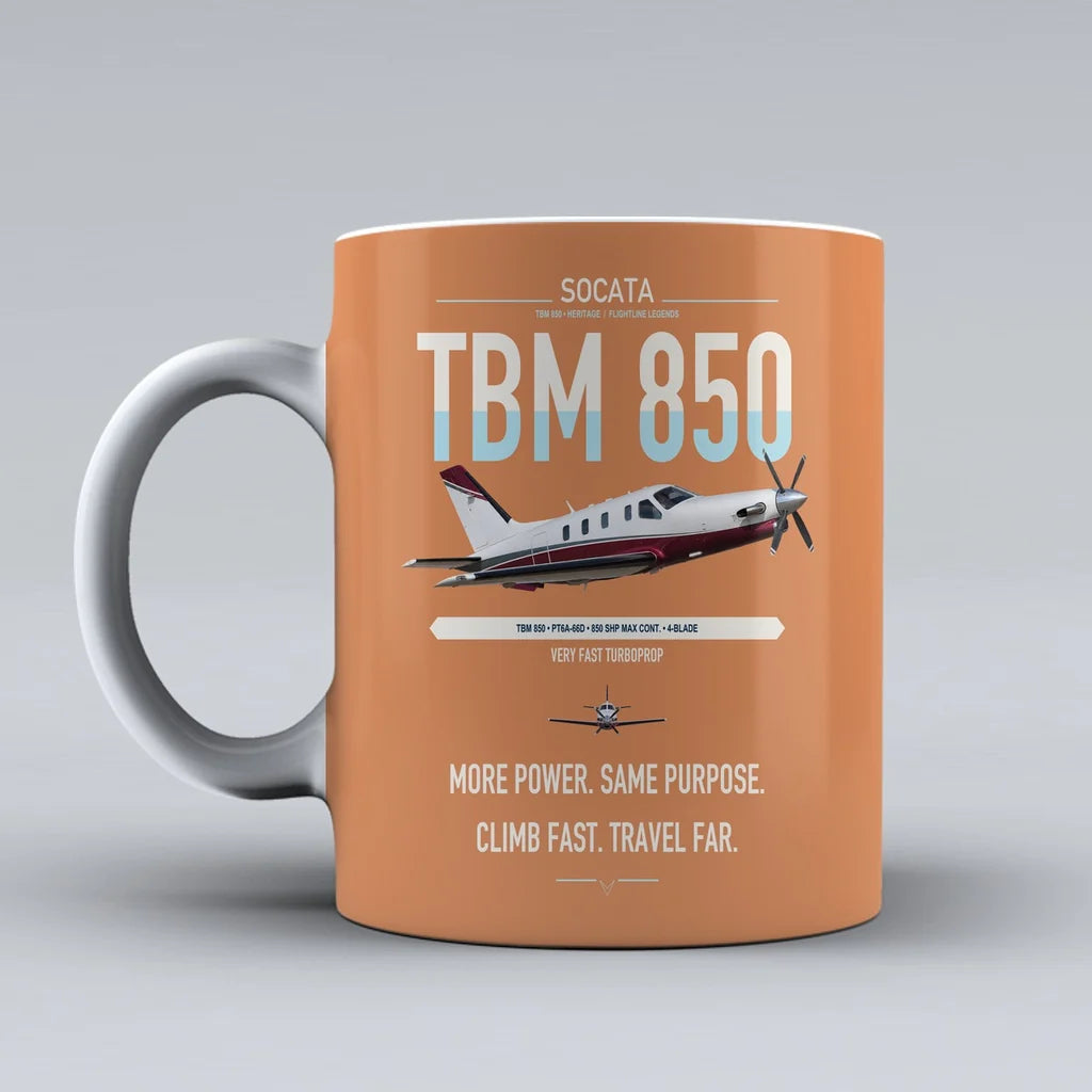 Socata TBM 850 design on orange ceramic mug, double-side print
