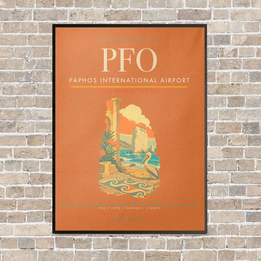 Paphos International Airport PFO vertical canvas print - framed - orange background