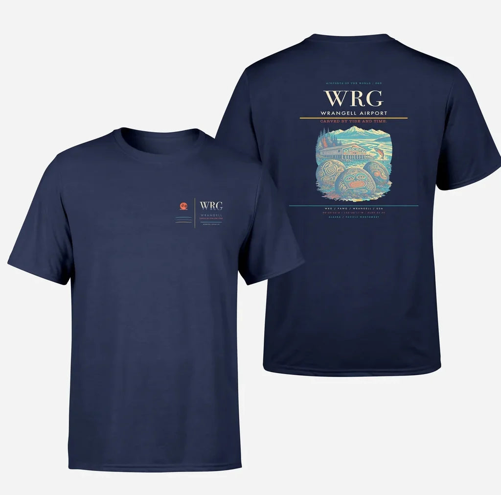 Wrangell Airport (WRG) design printed on navy blue double-side t-shirt