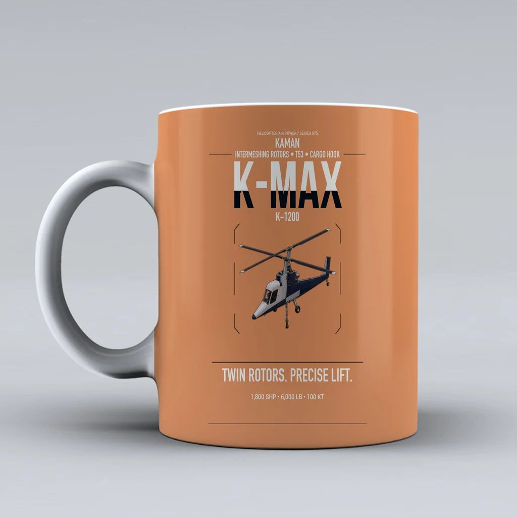 Kaman K-1200 K-MAX design on orange ceramic mug, double-side print