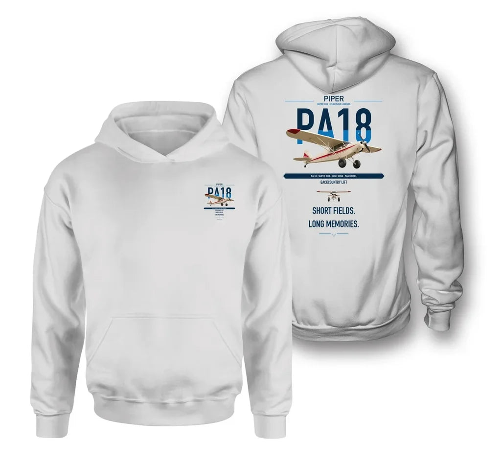Piper PA-18 Super Cub design on white double-side hoodie, double-side print