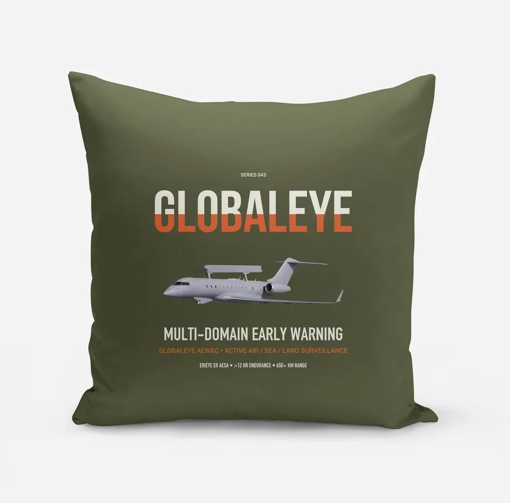 Saab GlobalEye design on green army pillow
