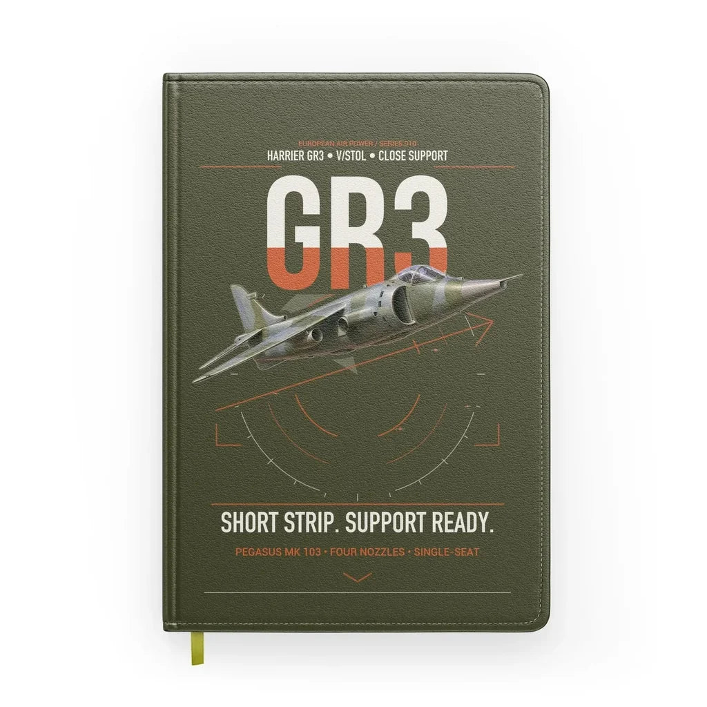 Hawker Siddeley Harrier GR3 design on green army notebook
