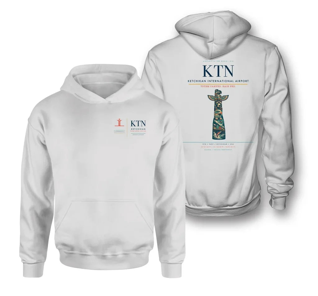 Ketchikan International Airport (KTN) design on white double-side hoodie