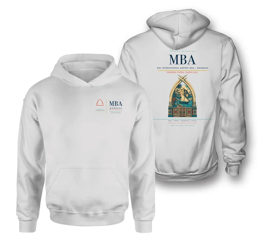 Moi International Airport (MBA) design on white double-side hoodie