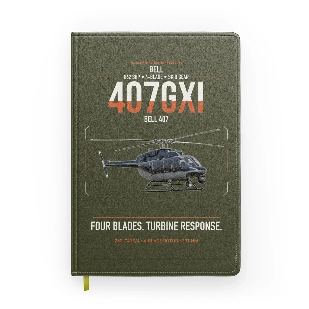 Bell 407GXi design on green army notebook