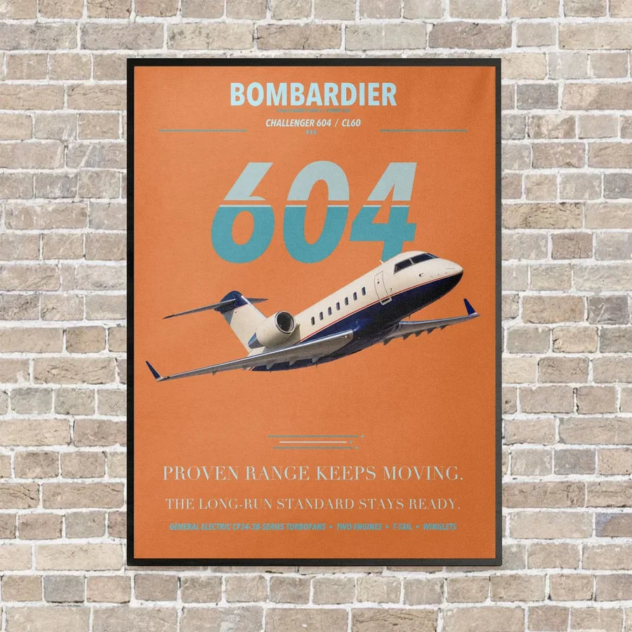 Bombardier Challenger 604 vertical canvas print - framed - orange background