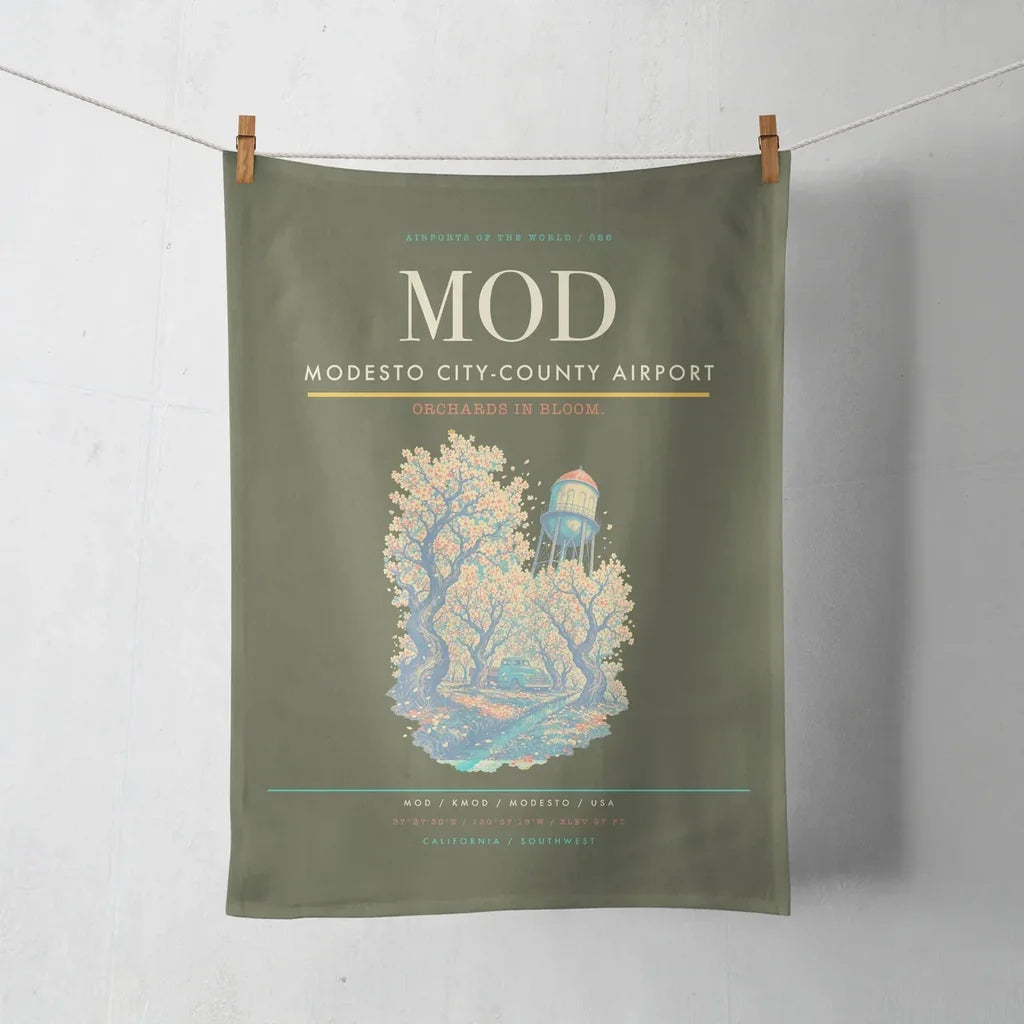 Modesto City-County Airport (MOD) design on green army towel