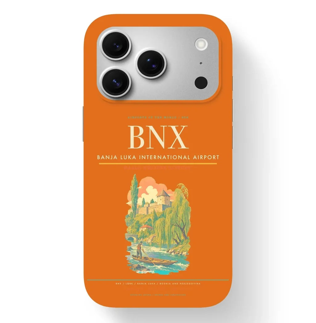 Banja Luka Airport (BNX) design on orange iPhone 17 Pro MagSafe case