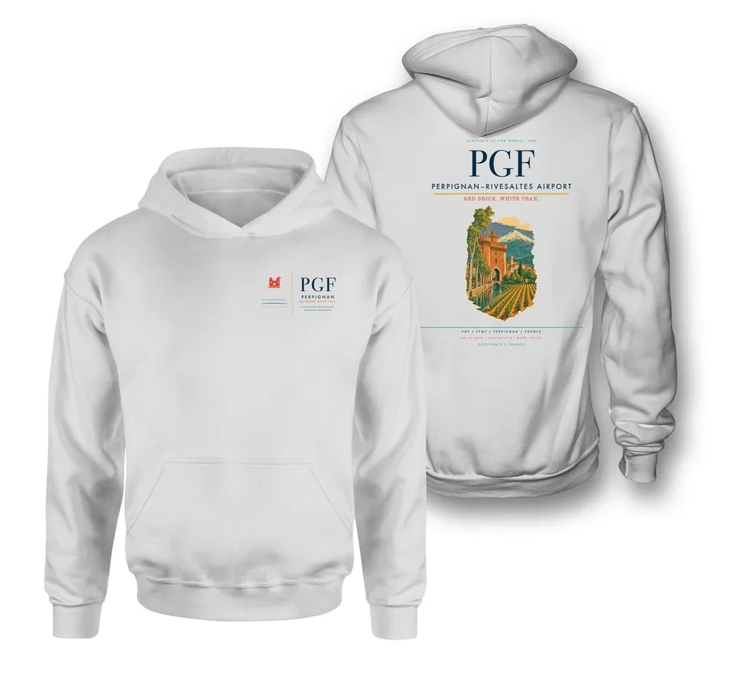 Perpignan–Rivesaltes Airport (PGF) design on white double-side hoodie