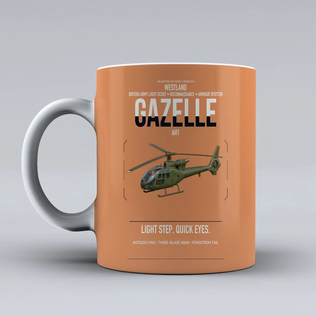Westland Gazelle AH1 design on orange ceramic mug, double-side print