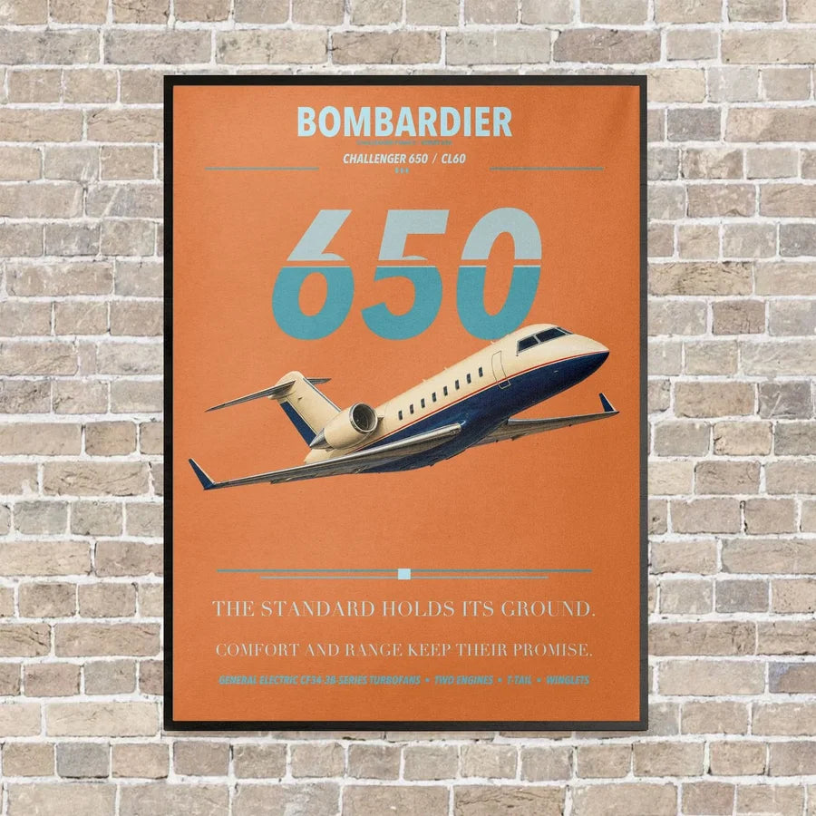 Bombardier Challenger 650 vertical canvas print - framed - orange background