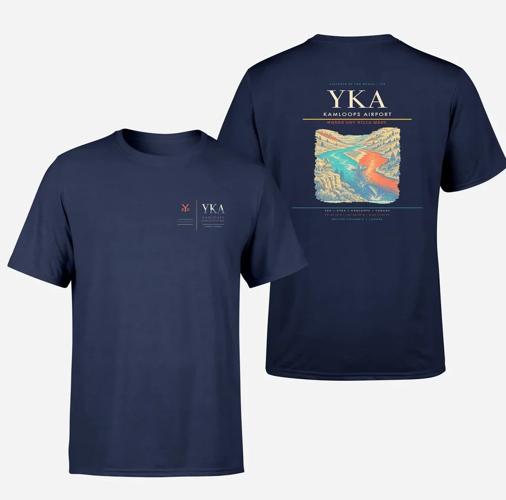 Kamloops Airport (YKA) design printed on navy blue double-side t-shirt