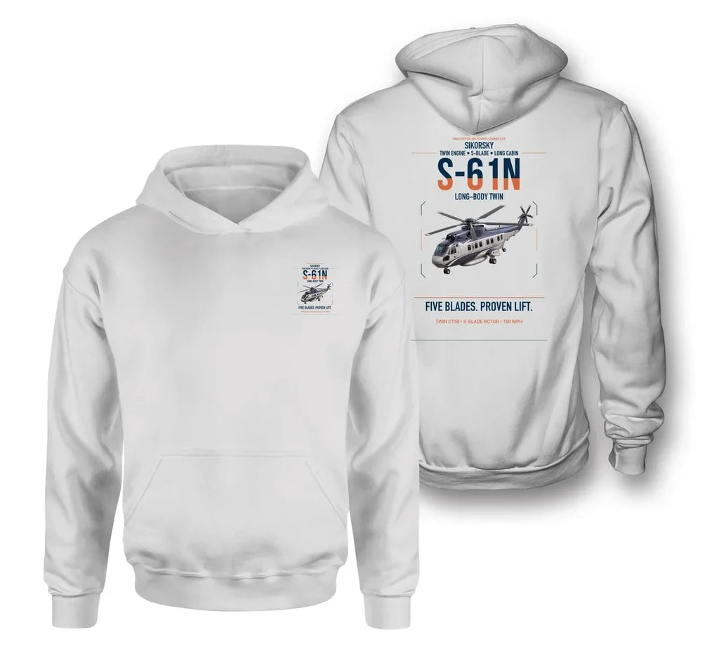 Sikorsky S-61N design on white double-side hoodie, double-side print