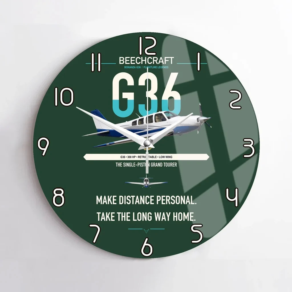 Beechcraft Bonanza G36 design on dark green no frame wall clock