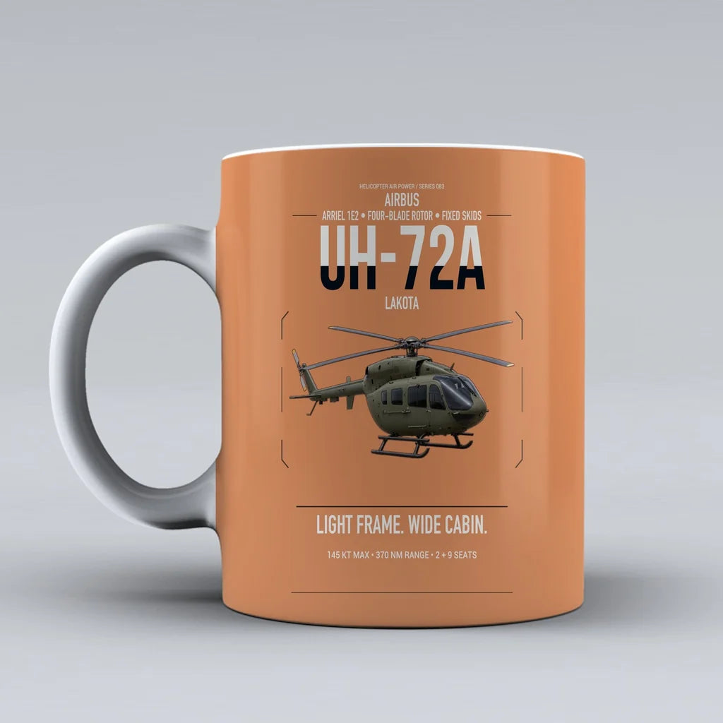 Airbus UH-72A Lakota design on orange ceramic mug, double-side print