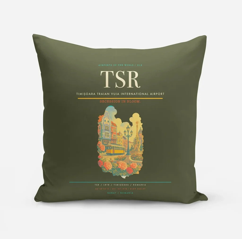 Timișoara Traian Vuia International Airport (TSR) design on green army pillow