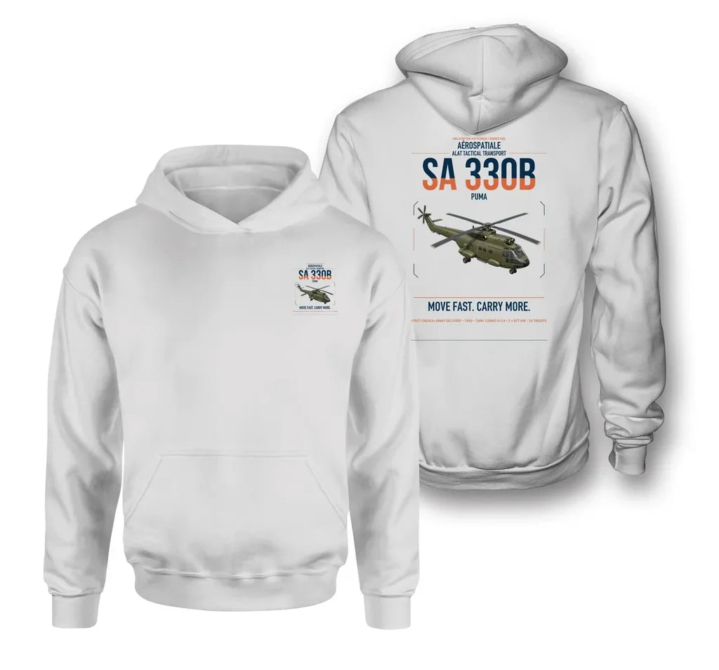 Aérospatiale SA 330B Puma design on white double-side hoodie, double-side print