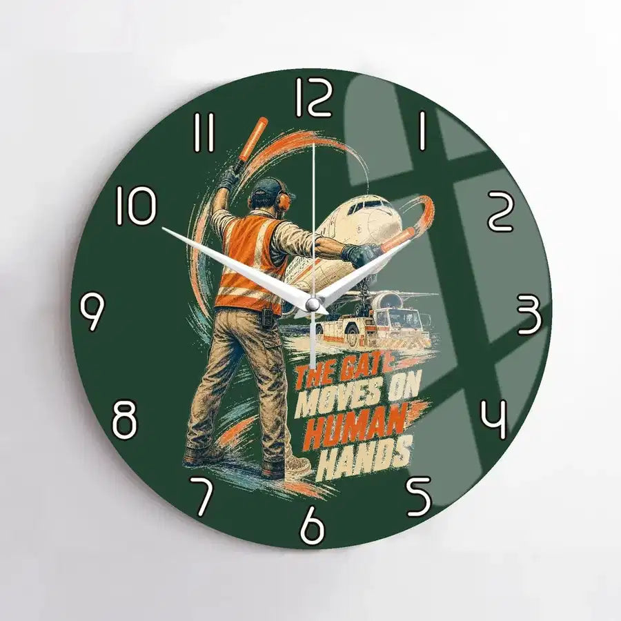The Gate Moves On Human Hands design on dark green no frame wall clock