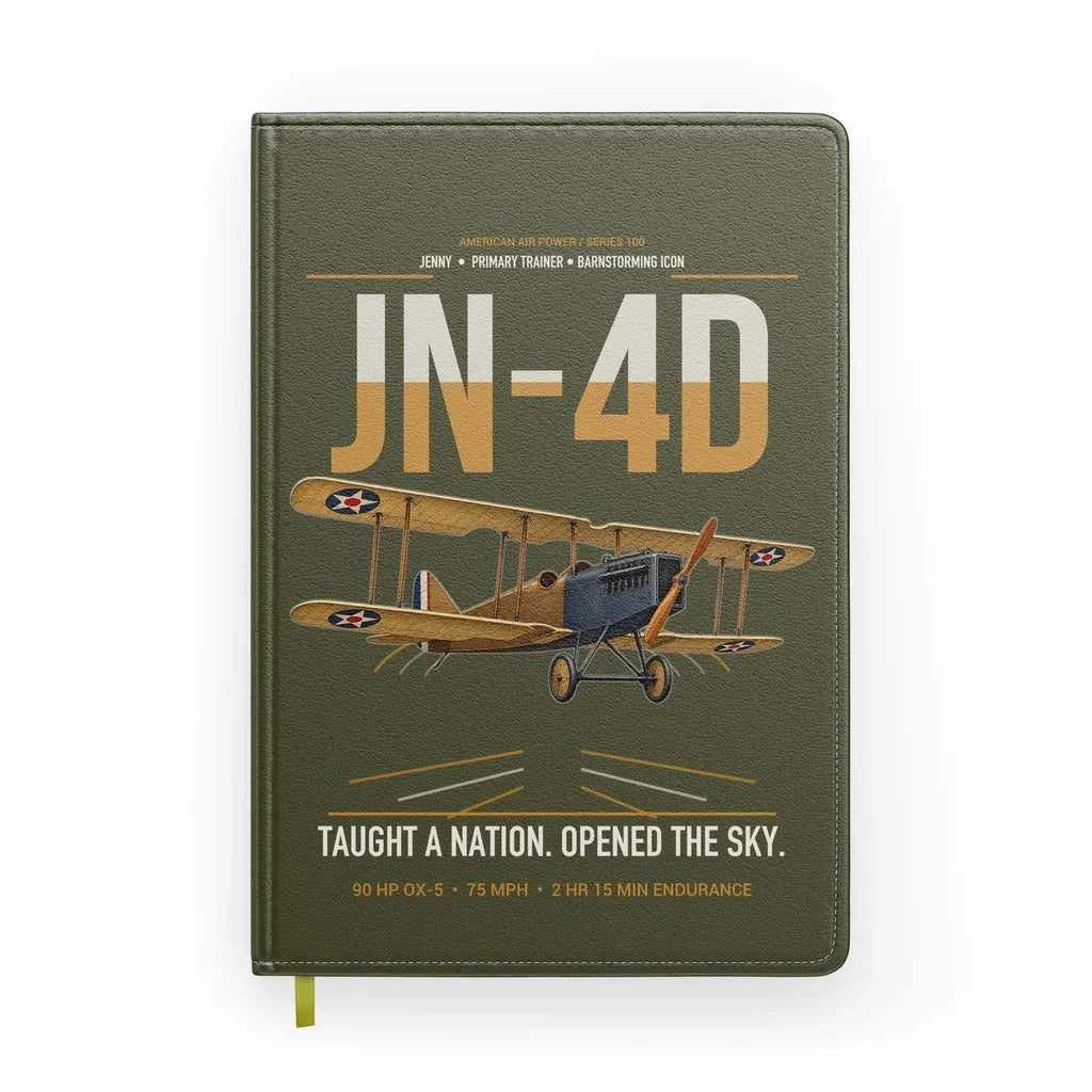 Curtiss JN-4D Jenny design on green army notebook