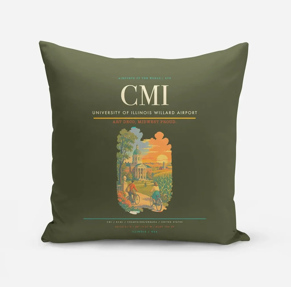 University of Illinois Willard Airport (CMI) design on green army pillow