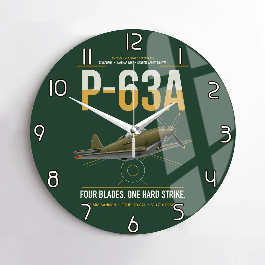 P-63A Kingcobra design on dark green no frame wall clock