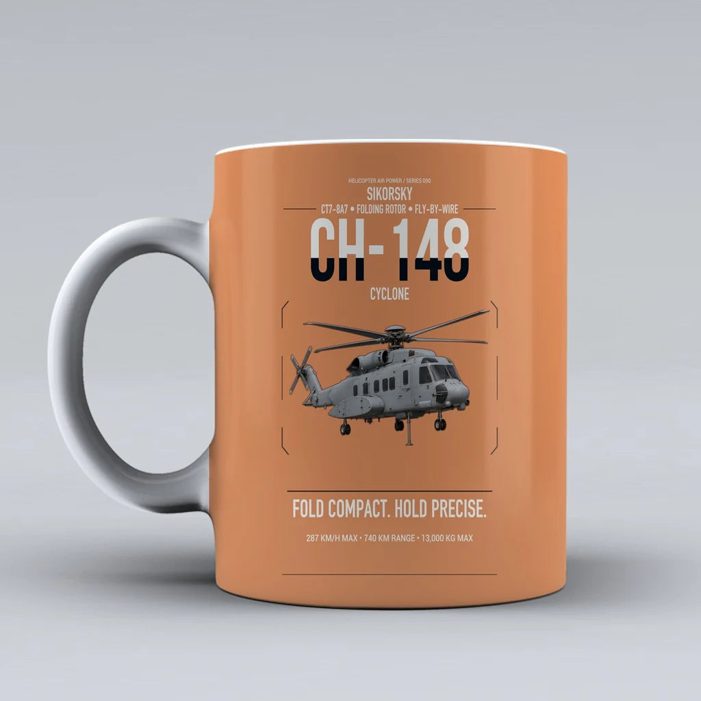 Sikorsky CH-148 Cyclone design on orange ceramic mug, double-side print