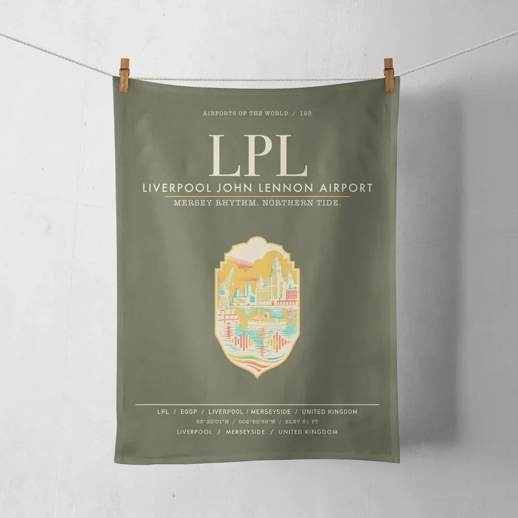 Liverpool John Lennon Airport (LPL) design on green army towel